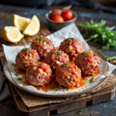 Fototapeta premium Glazed Ham Balls on Rustic Plate with Herbs