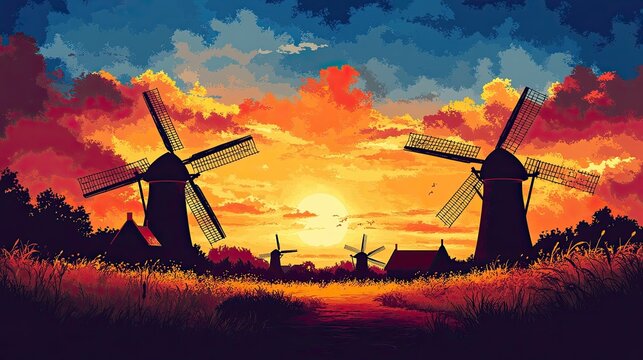 Windmill Silhouettes - Majestic windmill silhouettes against vibrant skies, ideal for rural, countryside, and agricultural-themed designs.