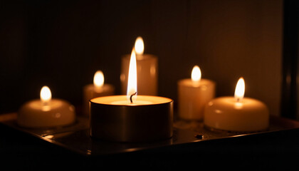 Flickering candlelight in brass holder, symbolism of remembrance