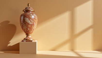 Elegant marble urn on pedestal in soft lighting, memorial concept