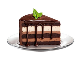 Elegant Triple Chocolate Mousse Cake Slice with Dark Chocolate Ganache Drip and Fresh Mint Leaves Garnish Isolated on Transparent and White Background