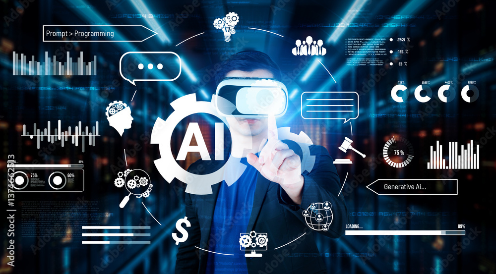 Poster businessman with headset standing at data center while using ai assistance. project manager pointing