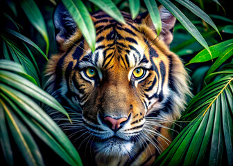 Stylized Tiger Emerging from Lush Jungle Foliage Hd background