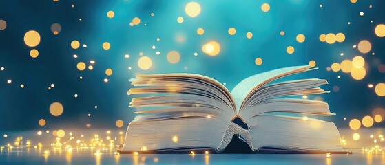 Open book with glowing lights. Mystical reading, fantasy, adventure awaits you inside
