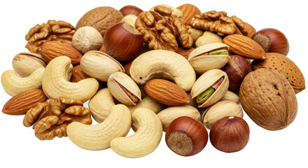 A close up shot of a pile of assorted nuts including cashews almonds walnuts and hazelnuts together
