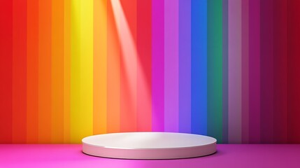 Empty white podium against rainbow flag background with spotlight for product display   pride month