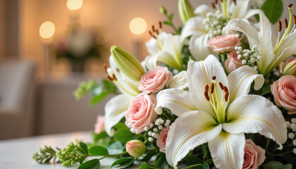 Classic funeral flower arrangement with lilies and roses, remembrance