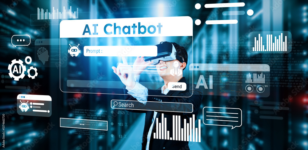 Poster businessman with headset standing at data center while using ai assistance. project manager pointing