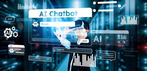 Businessman with headset standing at data center while using AI assistance. Project manager...