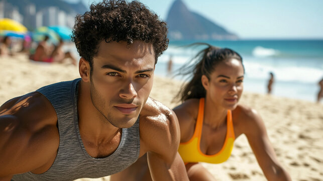 Beach fitness session at sandy beach with ocean view - Powered by Adobe