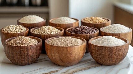 Wooden bowls displaying various wheat varieties and semolina, comparing cereal types and highlighting the importance of wheat in different culinary traditions around the world.