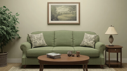 Warm and cozy living room interior with mock up poster frame, green sofa, wooden coffee table, beige wall, stylish sideboard, beige carpet, plaid and personal accessories. Home decor. Template.