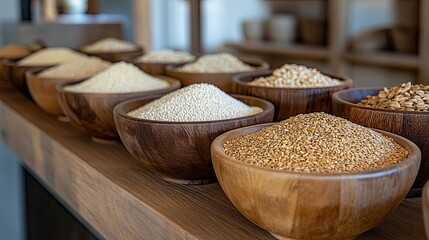 Wooden bowls displaying various wheat varieties and semolina, comparing cereal types and highlighting the importance of wheat in different culinary traditions around the world.