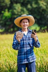 Celebrating harvest prosperity farmer holding cash and phone in lush rice field outdoor nature vibrant environment