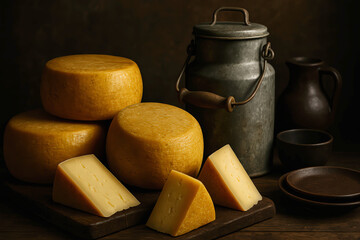 Whole cheese heads and cheese wedges are displayed with vintage milk cans and various other dishware on a wooden surface. Artisan produce.