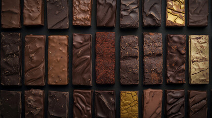 Top view collection of various chocolate bars, showcasing delicious cocoa-based desserts