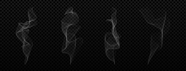 Wavy smoke effect, realistic vector set. White cloudy fog or vapor isolated on transparent background. 3D vector illustration of misty fumes, soft flowing haze or gentle steam waves.