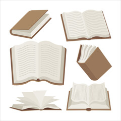 Vector illustration of open books collection isolated on white in different perspectives. Part of set.