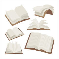 Collection of books open and closed from multiple perspectives isolated on white background. Part of set.
