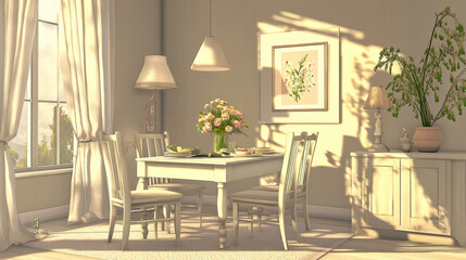 Interior design of minimalist beige dining room with mock up poster,  table, stylish chairs, flowers in vase, pendant lamp, decorations and personal accessories. Template.