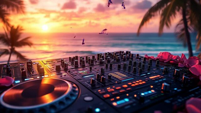 Professional DJ Equipment On Tropical Beach During Sunset Relaxation Background