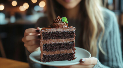 Woman savoring a chocolate cake in a cozy cafÃ© setting, with selective focus and grainy ambiance