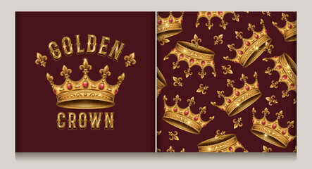 Vintage luxury label, seamless pattern with medieval golden crown, fleur de lis sign. Detailed illustrations on dark red background. Kitsch style. © OA_Creation
