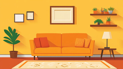 Fototapeta premium Warm and cozy composition of living room interior with mock up poster frame, modular sofa, wooden coffee table, round rug, beige wall, modern rack and personal accessories. Home decor. Template. 