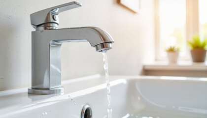 Chrome faucet dripping water in bright bathroom, modern aesthetics