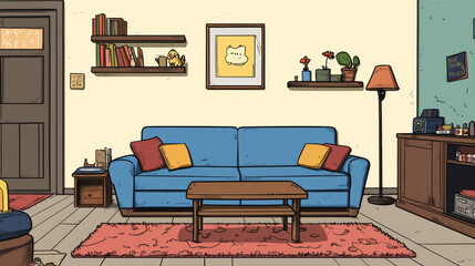 Warm and cozy composition of living room interior with mock up poster frame, modular sofa, wooden coffee table, round rug, beige wall, modern rack and personal accessories. Home decor. Template. 