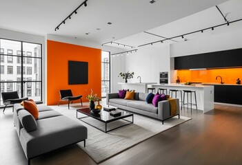 A living room filled with furniture and orange walls.