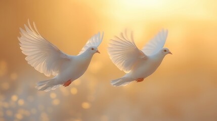 Doves soaring gracefully in a golden sunset symbolize hope and peace in the heart of nature’s beauty and tranquility