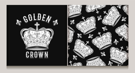 Vintage deluxe label, seamless pattern with imperial crown, fleur de lis sign. Detailed monochrome illustrations on black background. Kitsch style. © OA_Creation
