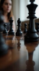 Woman is looking at a chess board with a black king and a black pawn. The woman is looking at the board with a serious expression