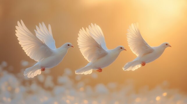 Graceful doves in flight embodying peace against a golden sunset backdrop, symbolizing harmony and hope in a tranquil moment