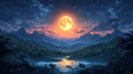 Naklejka premium Moonlit landscape painting serene nature scene with mountains trees and river art wallpaper background