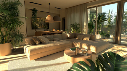 Obraz premium Scandinavian and cozy interior of living room with design beige sofa, pillows, plants, carpet, decoration and personal accessories. Stylish home decor. Template.