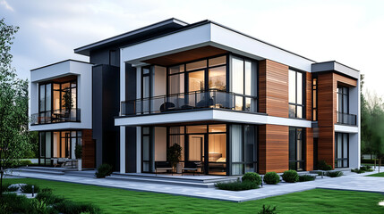 Fototapeta premium Luxurious Modern House Exterior with Glass Windows and Wooden Accents in a Peaceful, Natural Setting