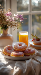 Cozy Morning Breakfast with Donuts and Orange Juice by the Window”.