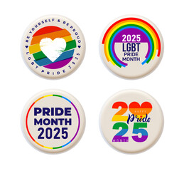 Badges lgbt pride 2025 logo. Set of Badge logo with lgbt rainbow flag heart. Template creative vector element for pride month logo. Design square banner, poster, social media, post.