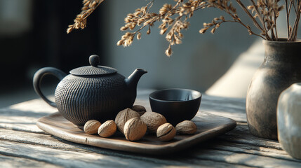 Minimalist coffee table styling with a black teapot, nuts, and textured ceramics. A warm and inviting setting for a cozy home.

