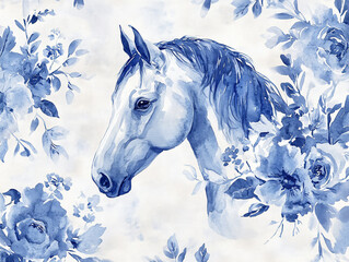Horse head flower wave porcelain style blue white watercolor animal majestic elegant strong nature detail background clipart illustration fantasy swirl decorative art motion wild painting design