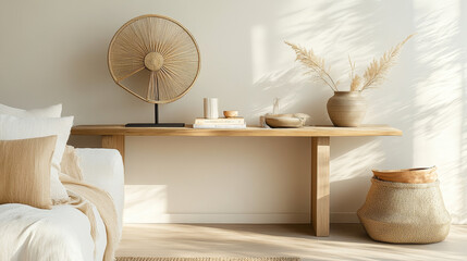 Minimalist console table with artistic decor and a statement fan wall piece in warm natural tones.