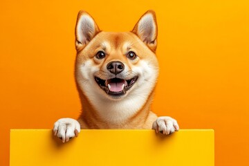 Wild friend with sign. Isolated pup on a solid dress code bright orange background. Ð¡ute dog shiba inu hold in front paws a wireframe - large yellow alley sign. Zoo-style cute setup.