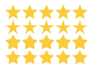 Various Five star ratings system set. Simple flat Yellow stars icons. Perfect for business review, feedback, user ratings in apps, website, e-commerce, quality assessment graphic