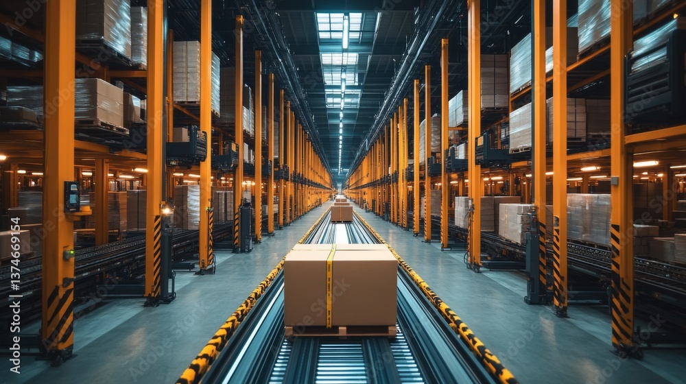 Poster A vast warehouse filled with neatly organized storage racks and packages on conveyor belts, showcasing the distribution and sorting activities taking place during busy working hours.