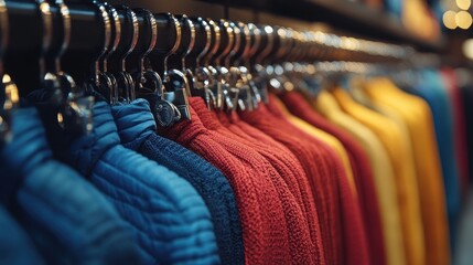 Obraz premium Colorful fashion display showcasing vibrant sweaters in a stylish store during the evening