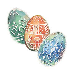 Easter composition of painted eggs with stylized, geometric decorative pattern. Illustration is painted with watercolors of green, blue, orange colors. White ornament of dots, circles, rhombuses