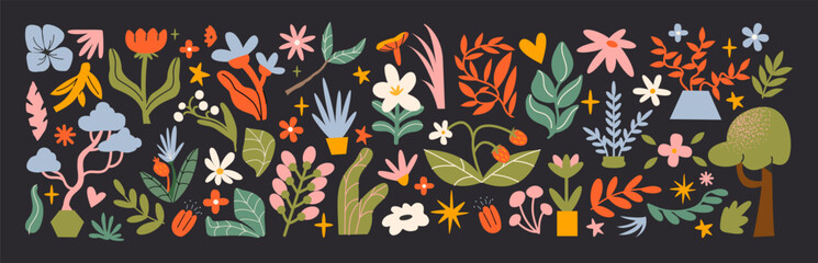 Fototapeta premium Botanical set abstract flowers and plants. Organic floral doodles, leaves of different shapes. Trendy hippie funky shapes stickers 90s. 