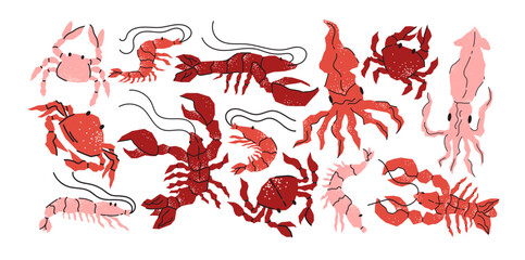Sea creatures sticker set in retro cartoon style. Lobsters, shrimp, crabs, starfish, marine animals - fun underwater life elements in trendy retro doodle style. © Limpreom